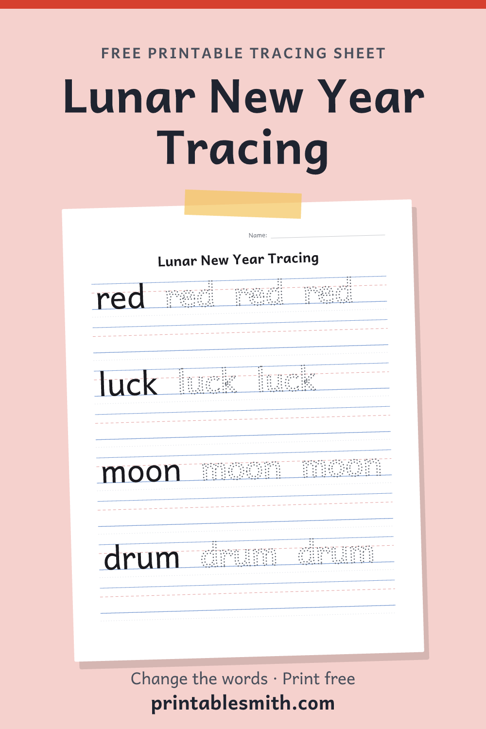 Lunar New Year Tracing: printable worksheet with 4 words to trace on handwriting lines