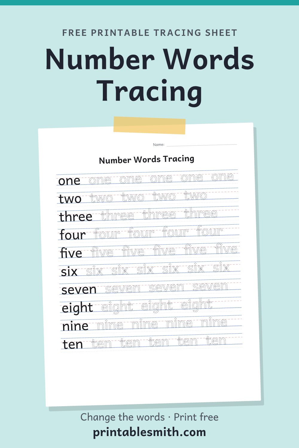 Number Words Tracing: printable worksheet with 10 words to trace on handwriting lines