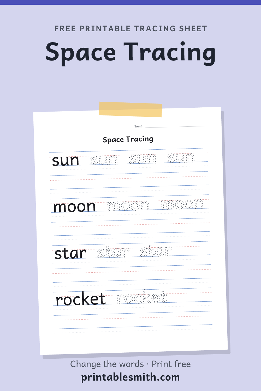 Space Tracing: printable worksheet with 4 words to trace on handwriting lines