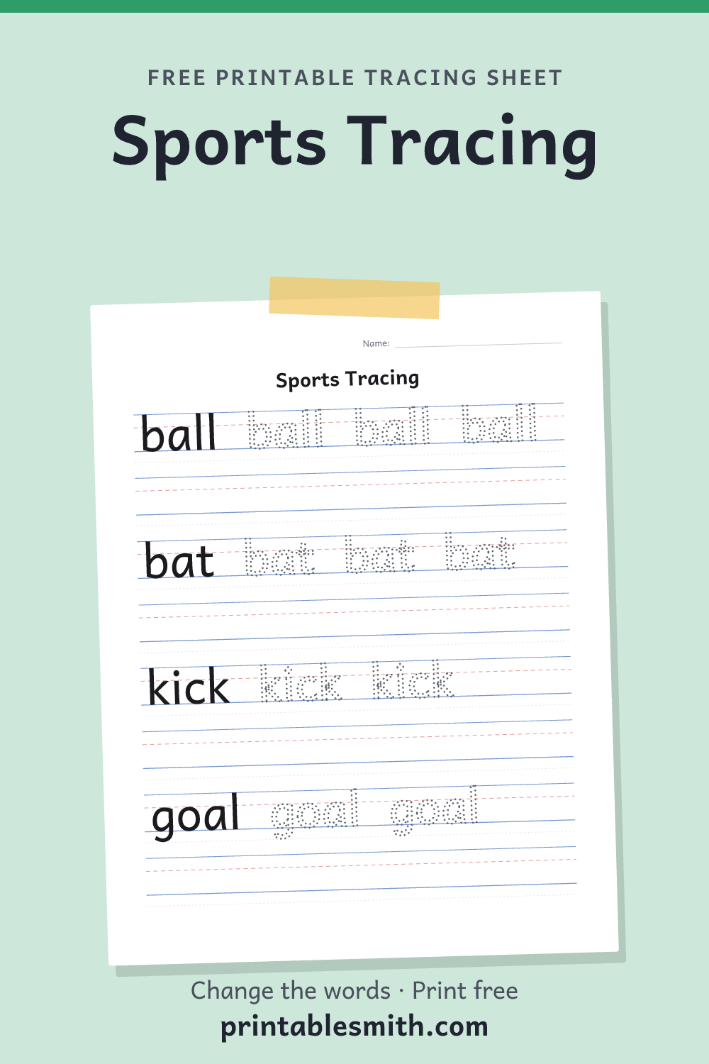 Sports Tracing: printable worksheet with 4 words to trace on handwriting lines