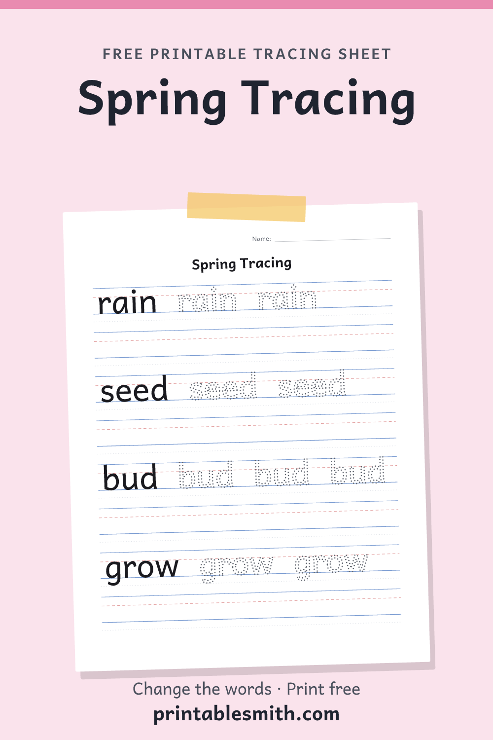 Spring Tracing: printable worksheet with 4 words to trace on handwriting lines