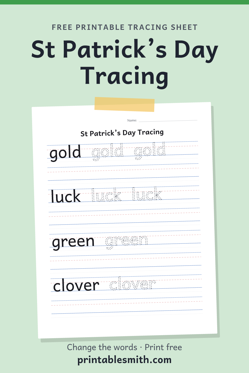St Patrick’s Day Tracing: printable worksheet with 4 words to trace on handwriting lines