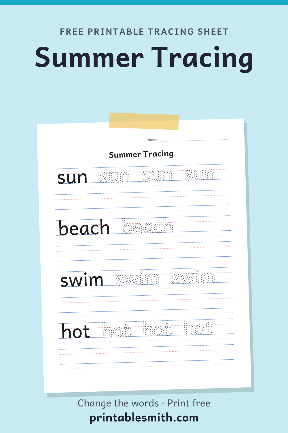 Summer Tracing: printable worksheet with 4 words to trace on handwriting lines