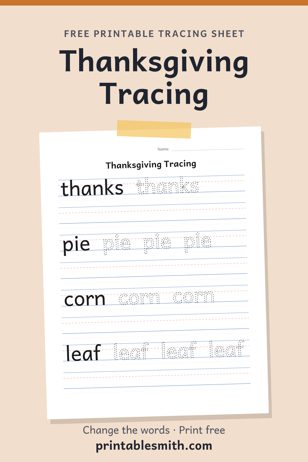 Thanksgiving Tracing: printable worksheet with 4 words to trace on handwriting lines