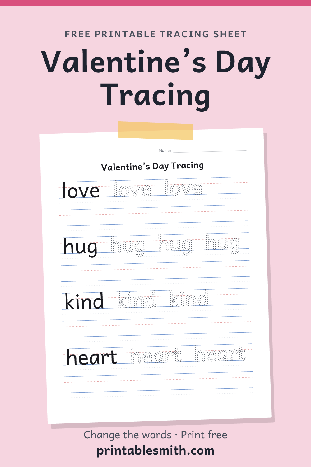 Valentine’s Day Tracing: printable worksheet with 4 words to trace on handwriting lines