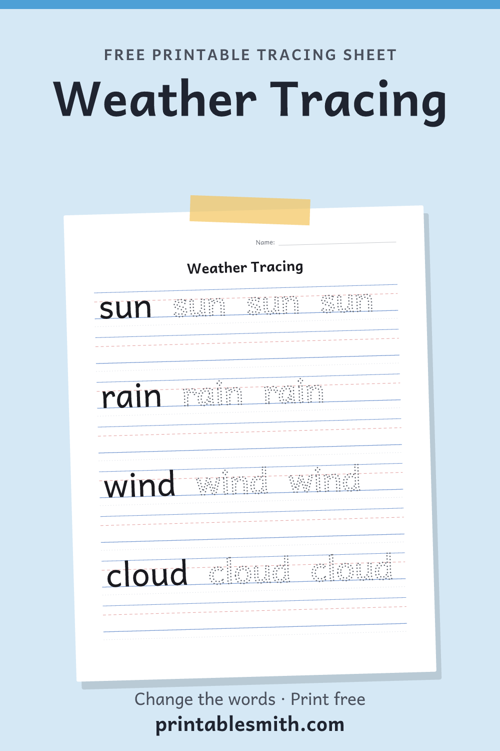 Weather Tracing: printable worksheet with 4 words to trace on handwriting lines