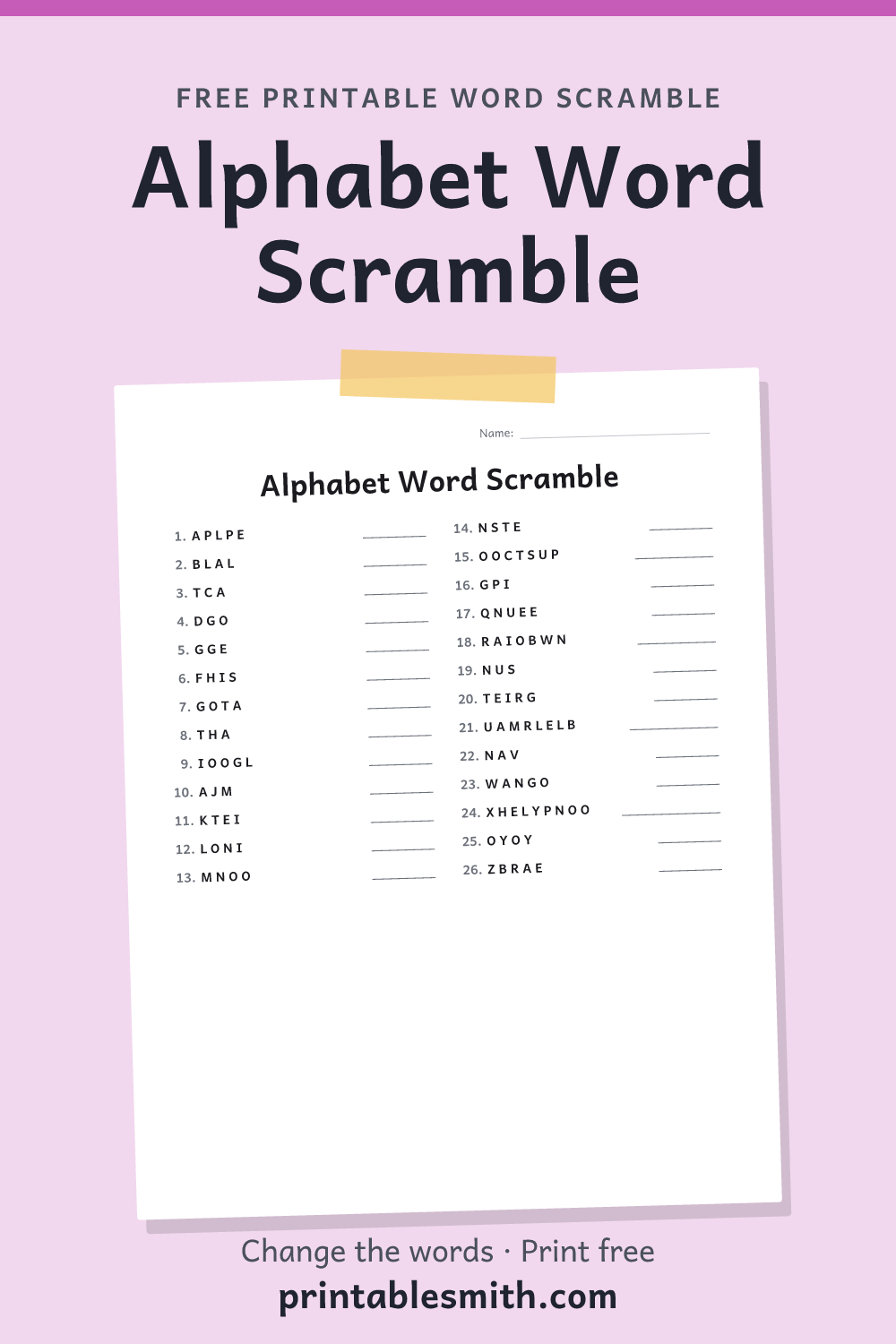 Alphabet Word Scramble: printable worksheet with 26 scrambled words to solve, from a free word scramble maker