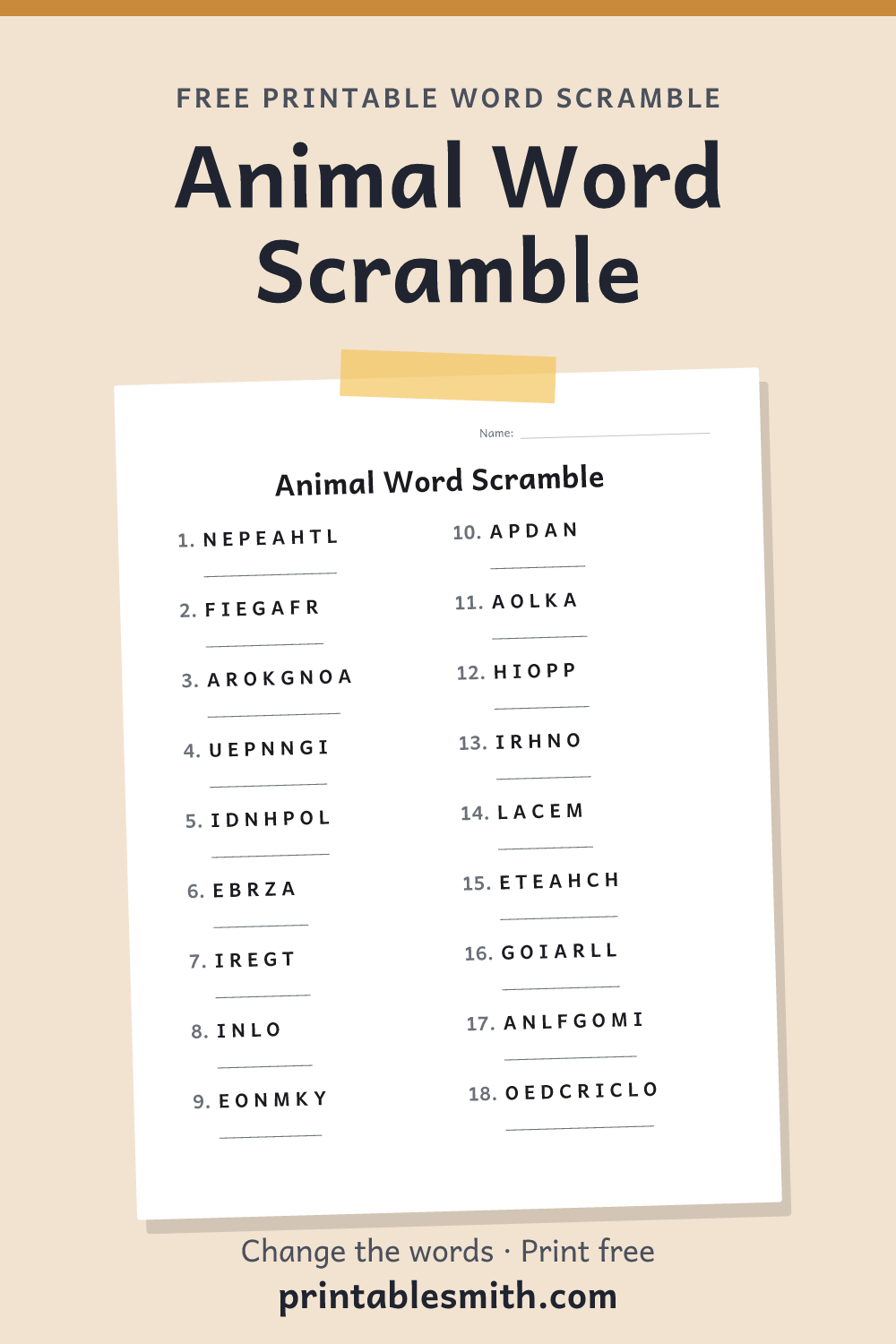 Animal Word Scramble: printable worksheet with 18 scrambled words to solve, from a free word scramble maker