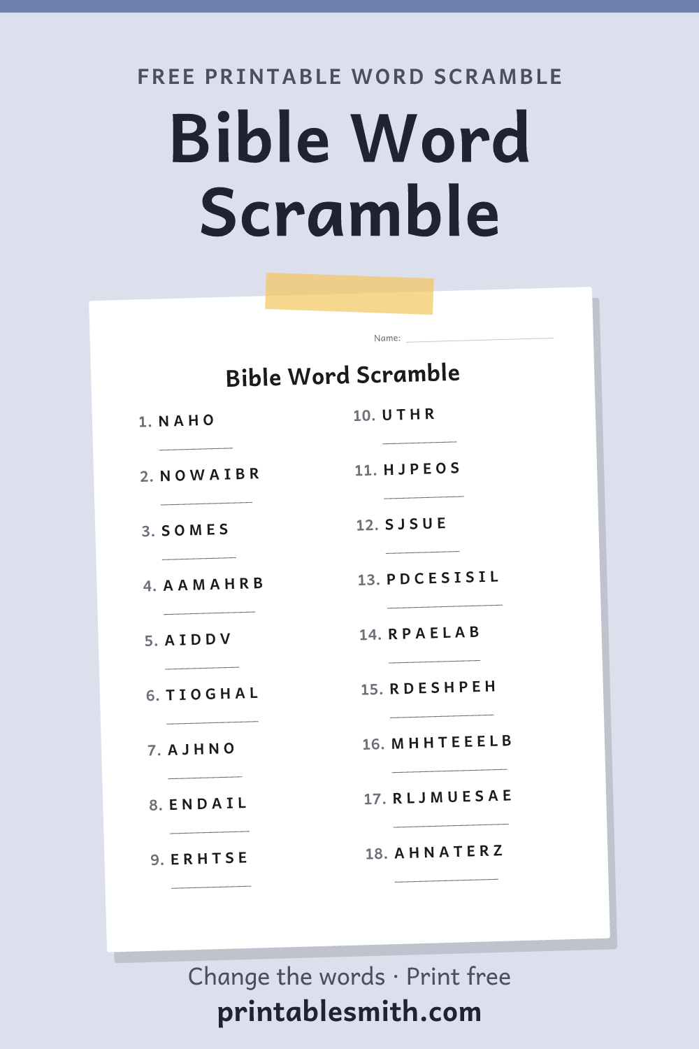 Bible Word Scramble: printable worksheet with 18 scrambled words to solve, from a free word scramble maker