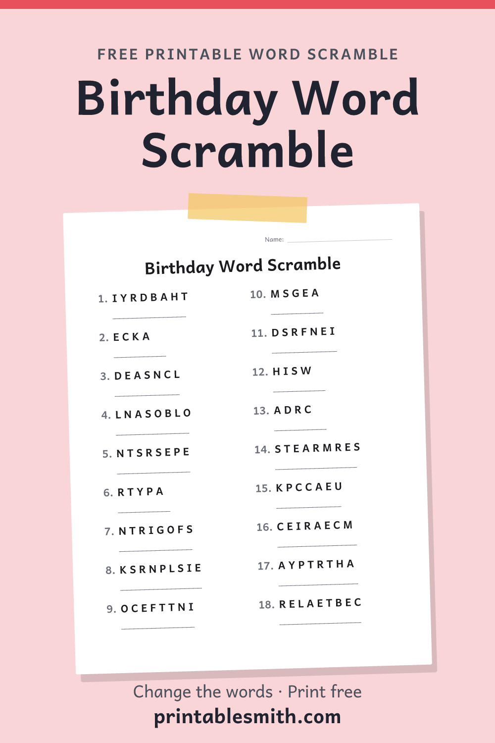 Birthday Word Scramble: printable worksheet with 18 scrambled words to solve, from a free word scramble maker