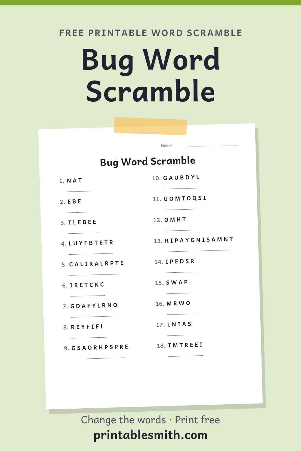 Bug Word Scramble: printable worksheet with 18 scrambled words to solve, from a free word scramble maker