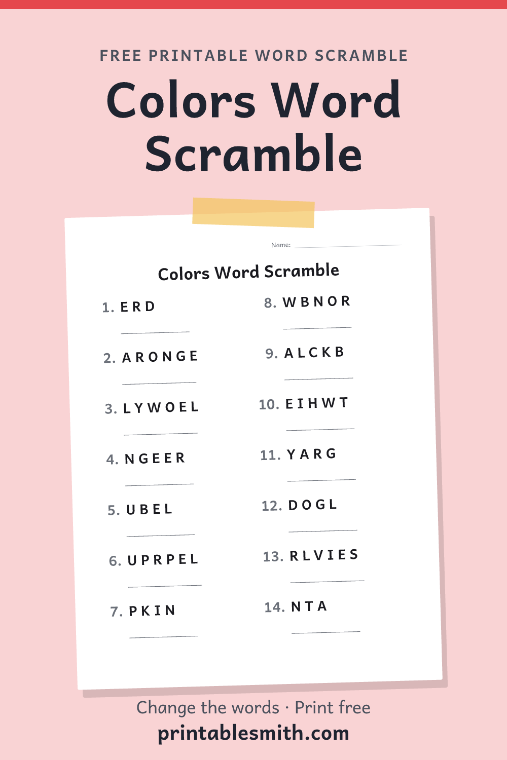 Colors Word Scramble: printable worksheet with 14 scrambled words to solve, from a free word scramble maker