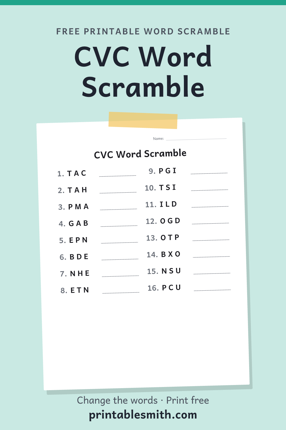 CVC Word Scramble: printable worksheet with 16 scrambled words to solve, from a free word scramble maker