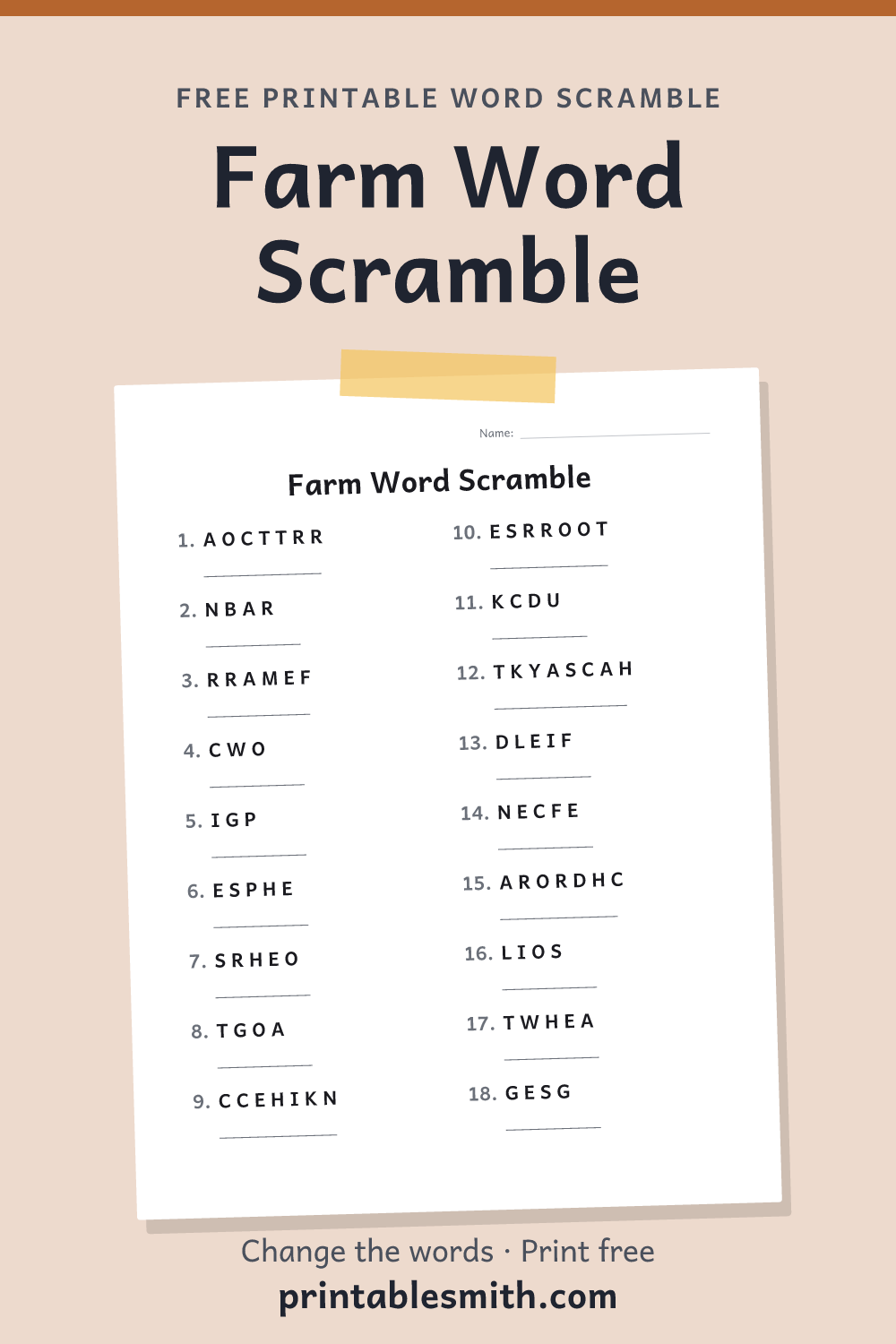 Farm Word Scramble: printable worksheet with 18 scrambled words to solve, from a free word scramble maker