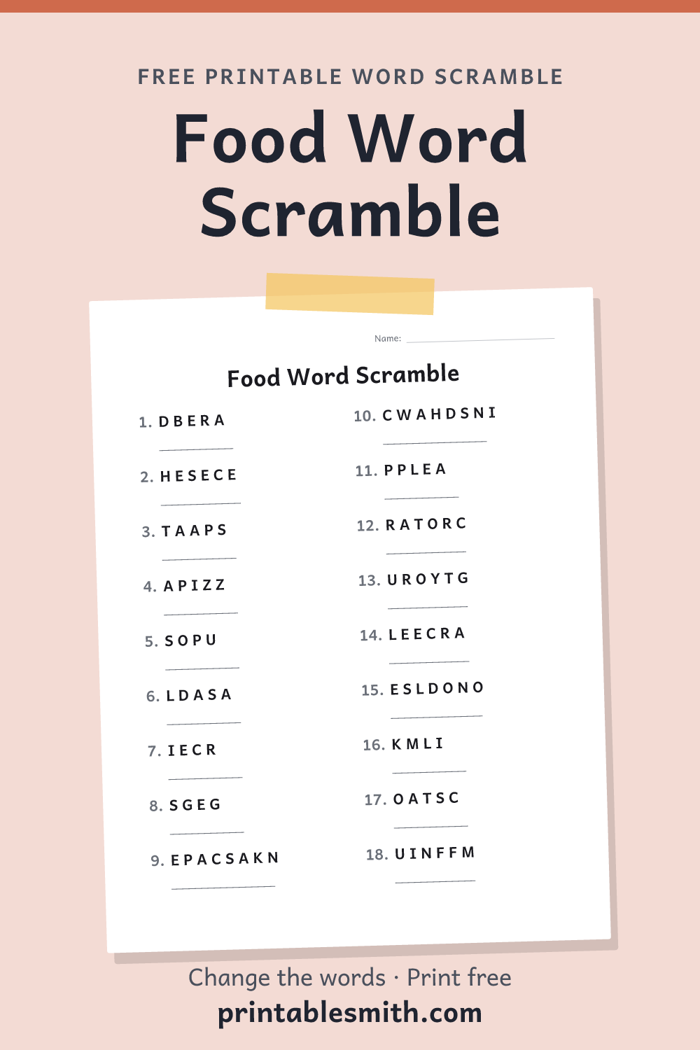 Food Word Scramble: printable worksheet with 18 scrambled words to solve, from a free word scramble maker