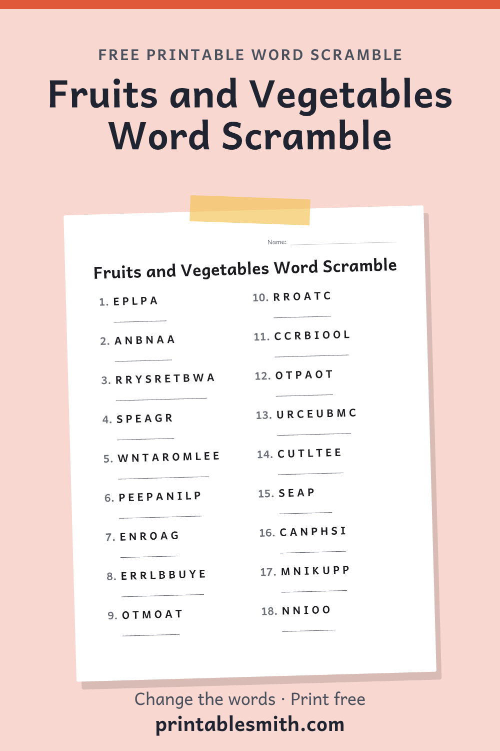 Fruits and Vegetables Word Scramble: printable worksheet with 18 scrambled words to solve, from a free word scramble maker