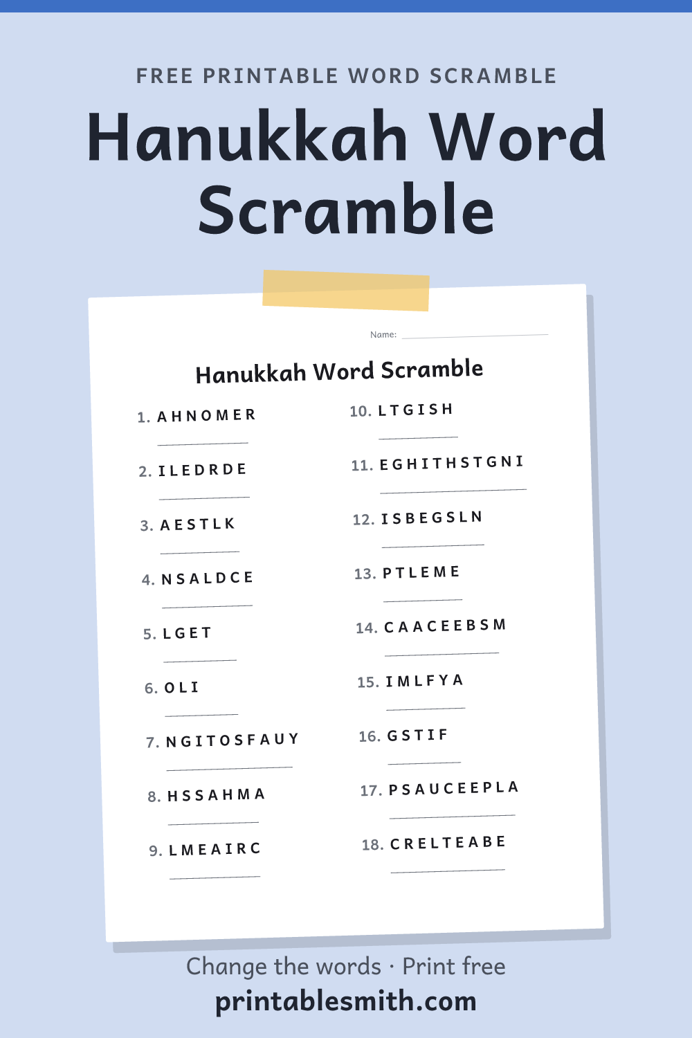 Hanukkah Word Scramble: printable worksheet with 18 scrambled words to solve, from a free word scramble maker