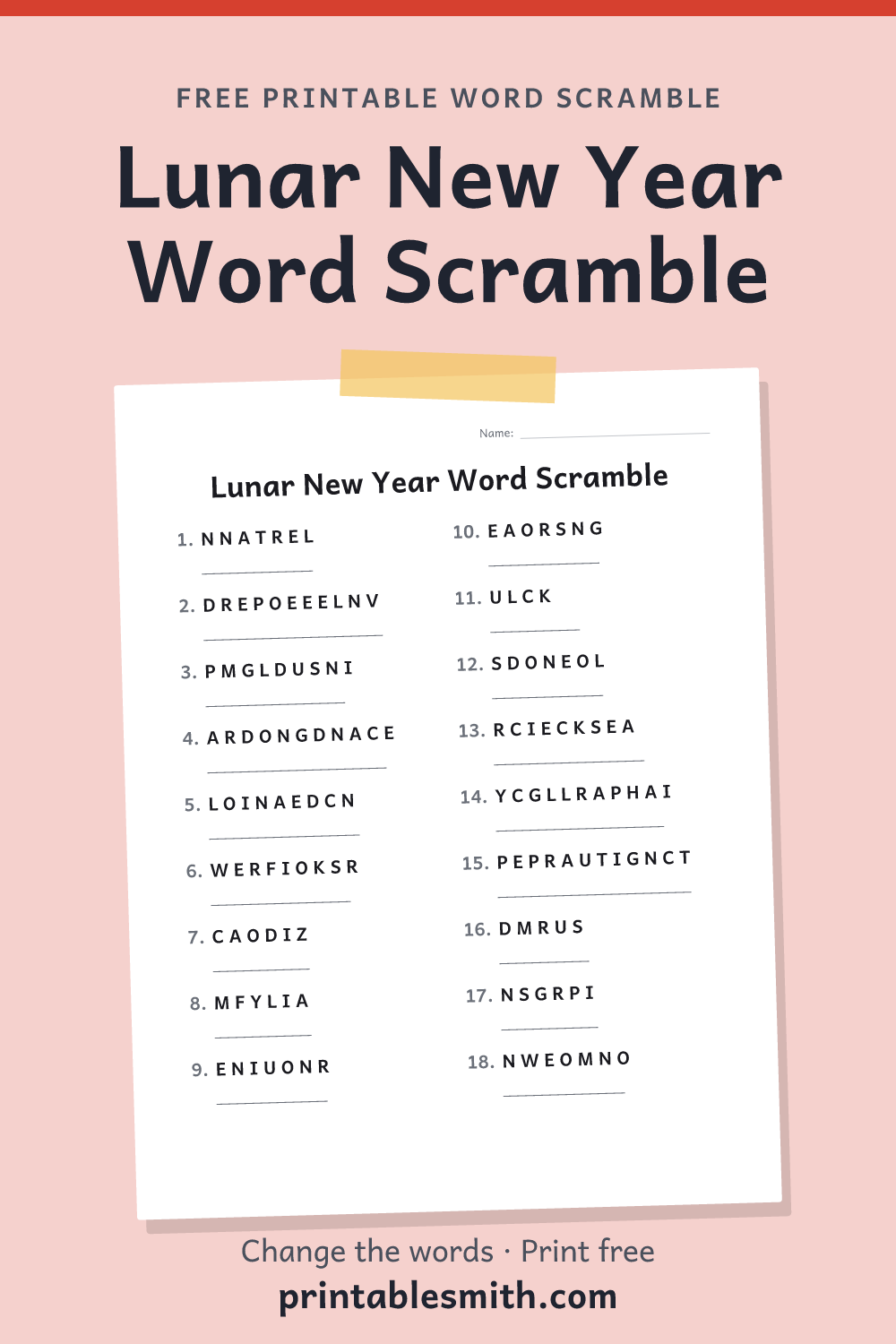 Lunar New Year Word Scramble: printable worksheet with 18 scrambled words to solve, from a free word scramble maker