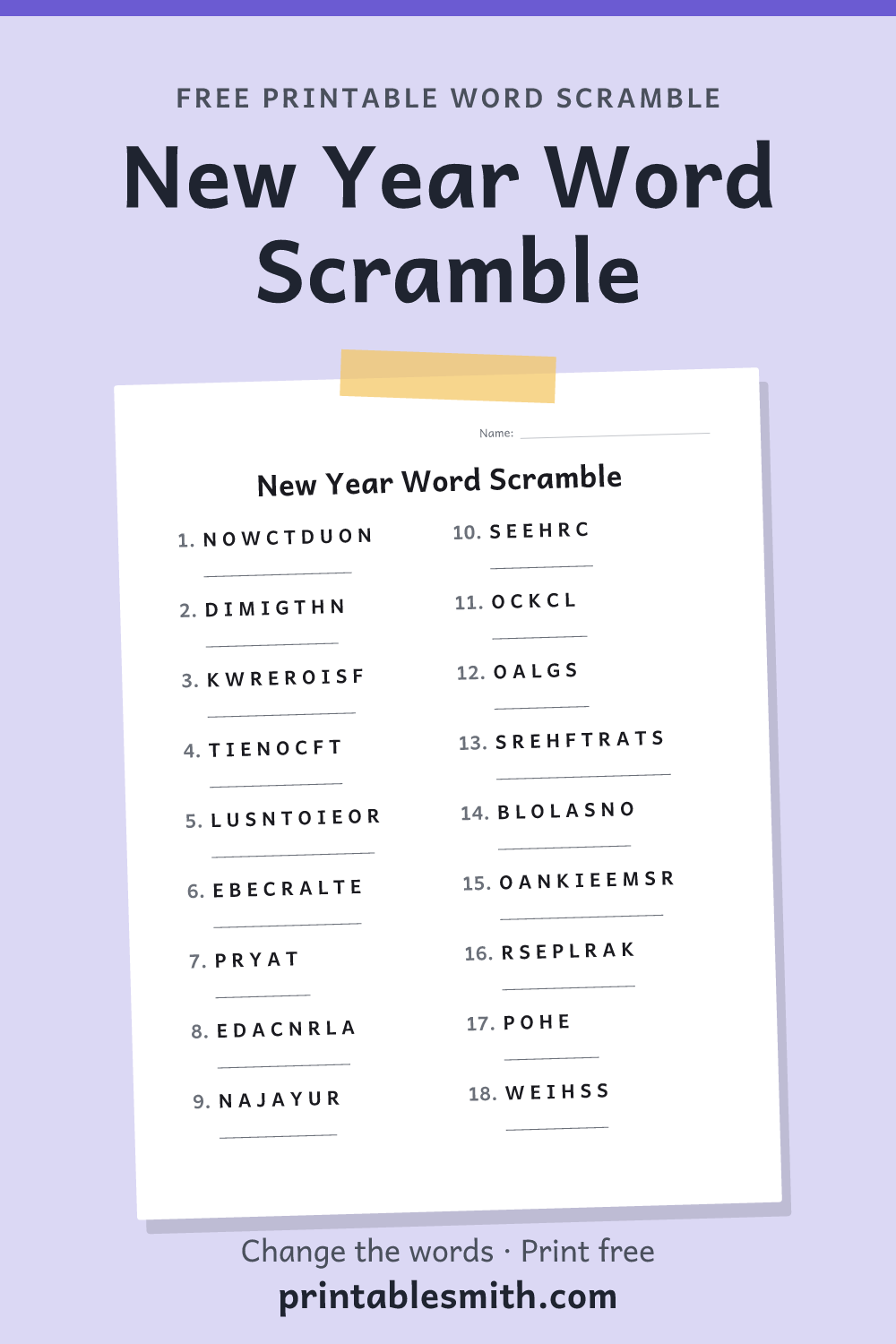 New Year Word Scramble: printable worksheet with 18 scrambled words to solve, from a free word scramble maker