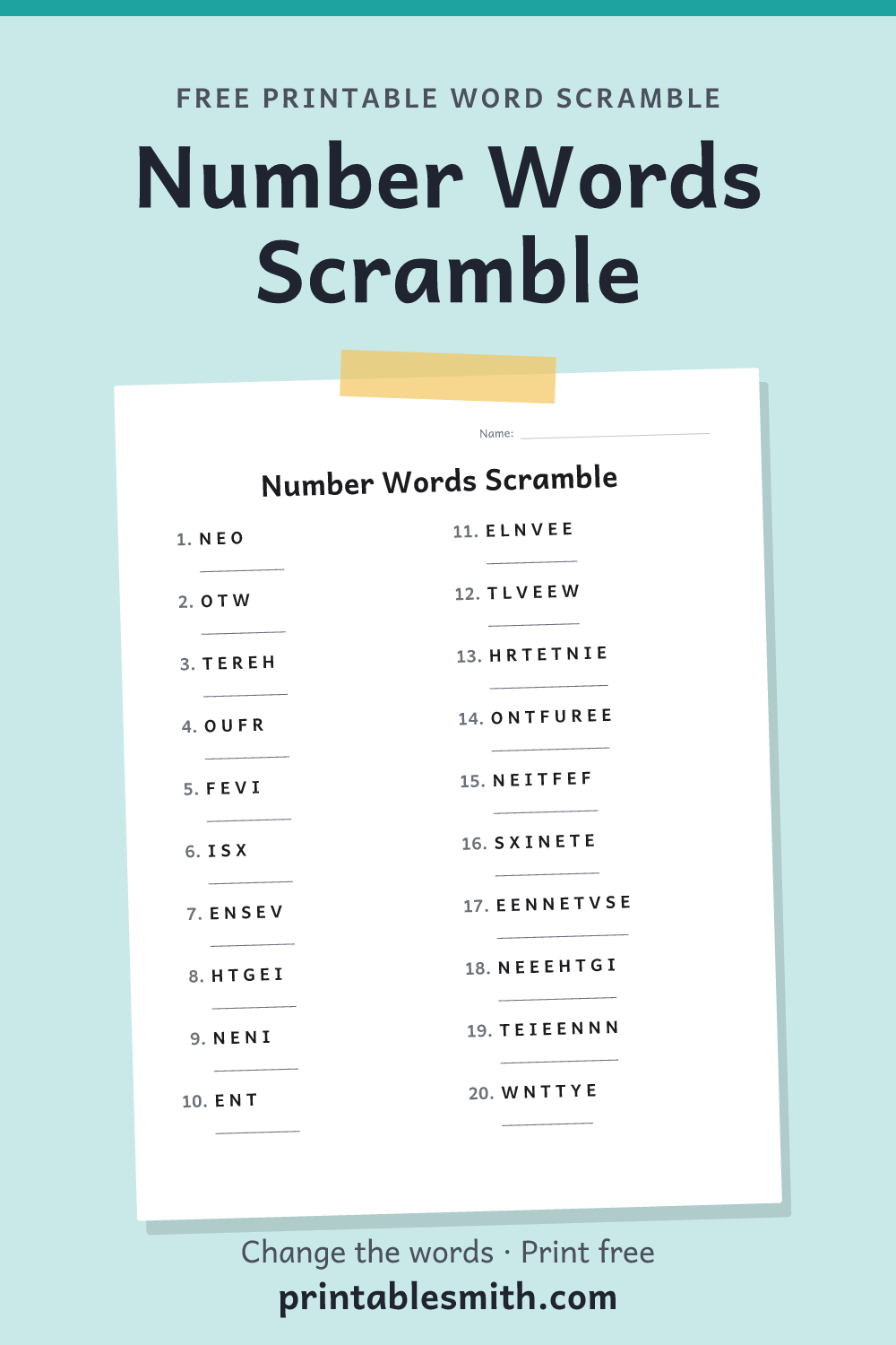 Number Words Scramble: printable worksheet with 20 scrambled words to solve, from a free word scramble maker