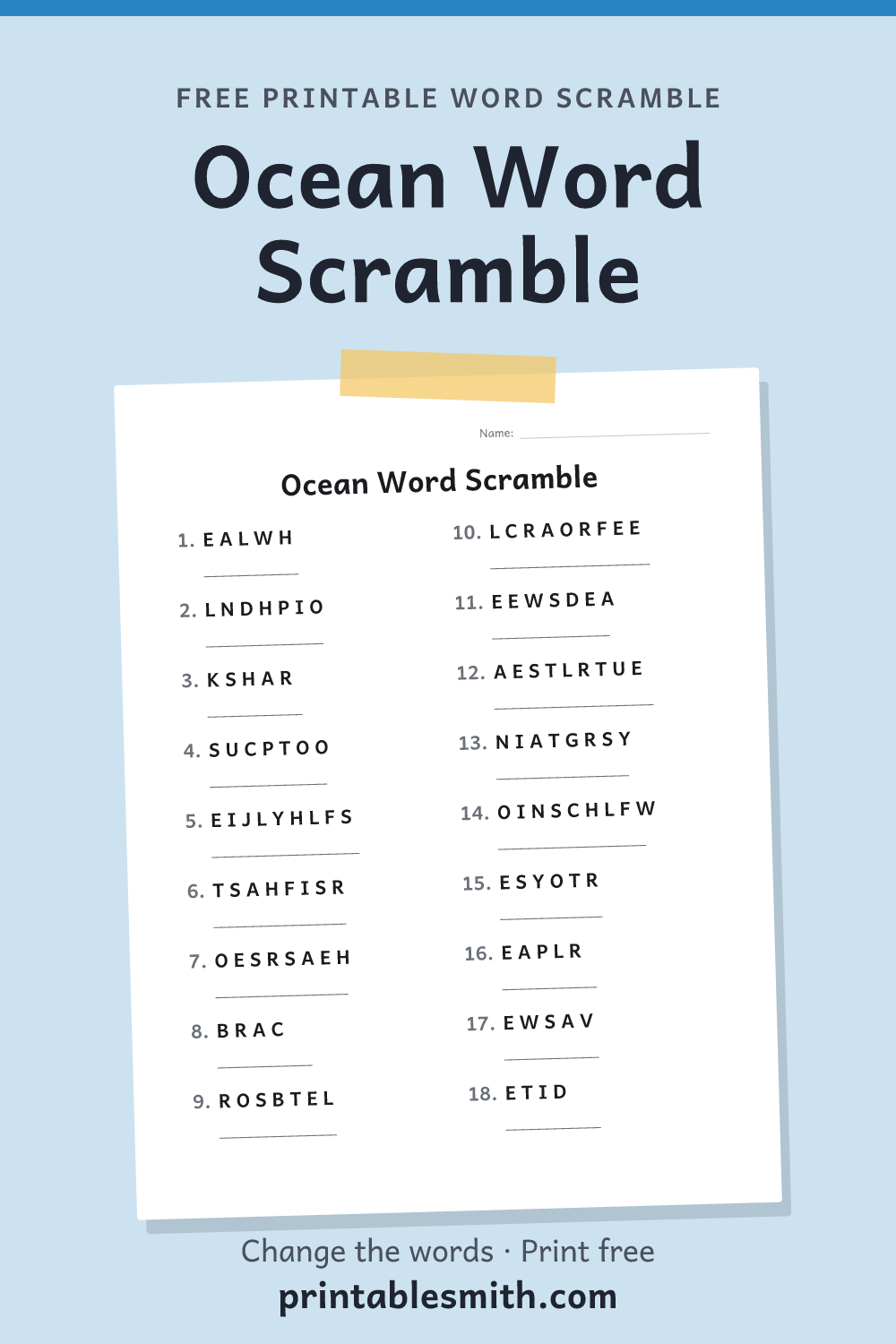 Ocean Word Scramble: printable worksheet with 18 scrambled words to solve, from a free word scramble maker