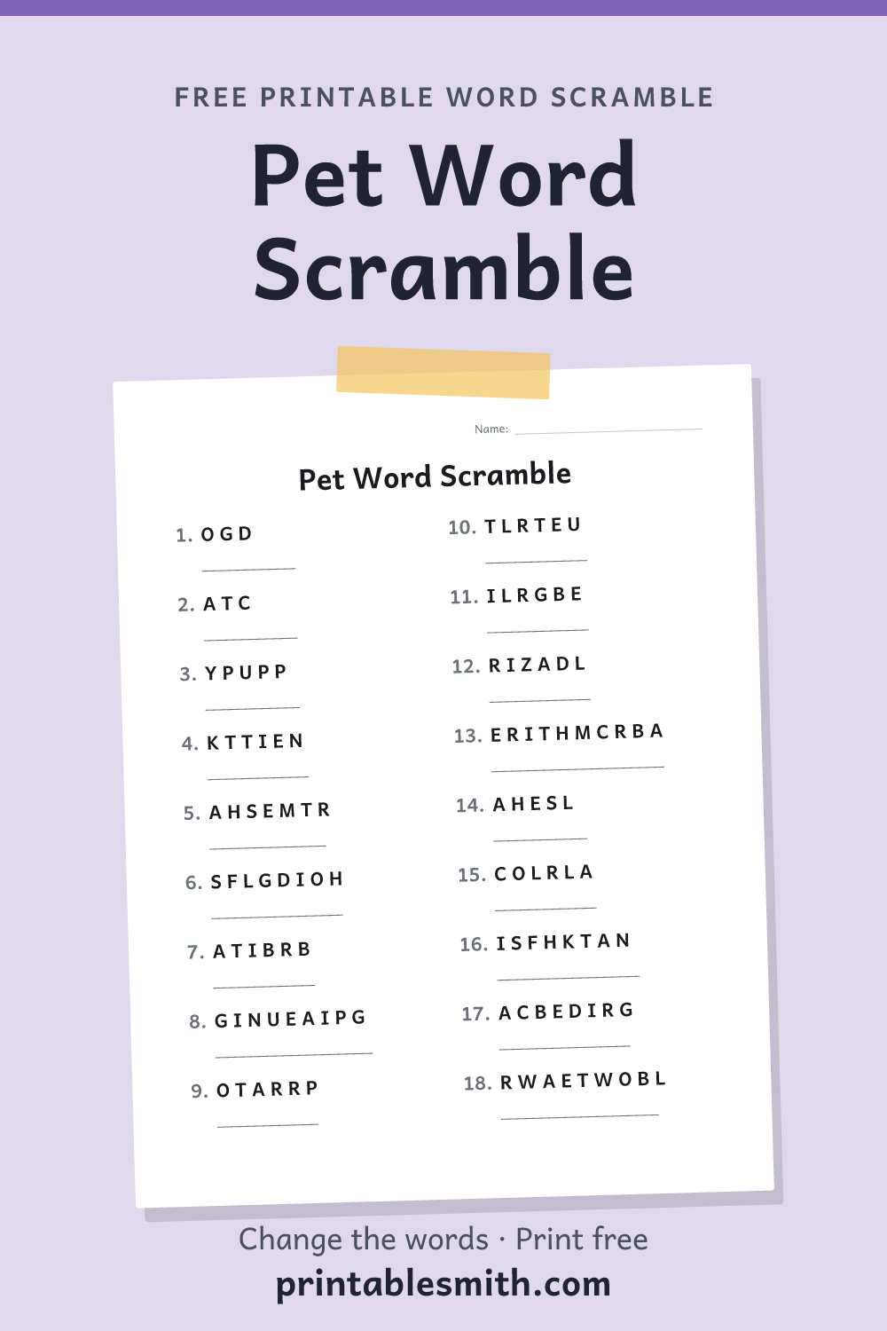 Pet Word Scramble: printable worksheet with 18 scrambled words to solve, from a free word scramble maker