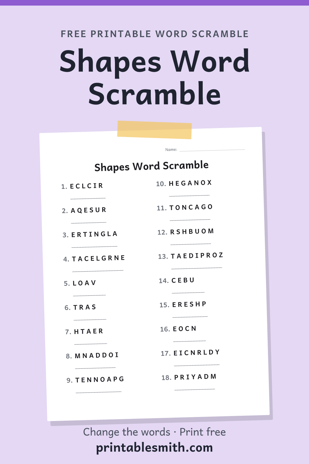 Shapes Word Scramble: printable worksheet with 18 scrambled words to solve, from a free word scramble maker