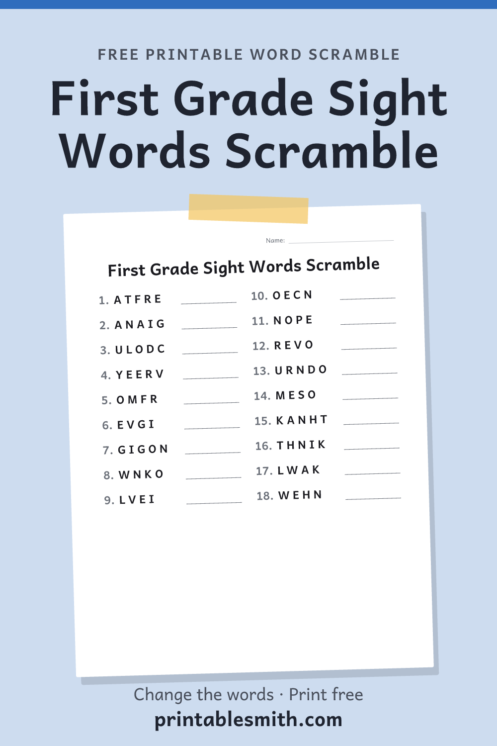 First Grade Sight Words Scramble: printable worksheet with 18 scrambled words to solve, from a free word scramble maker