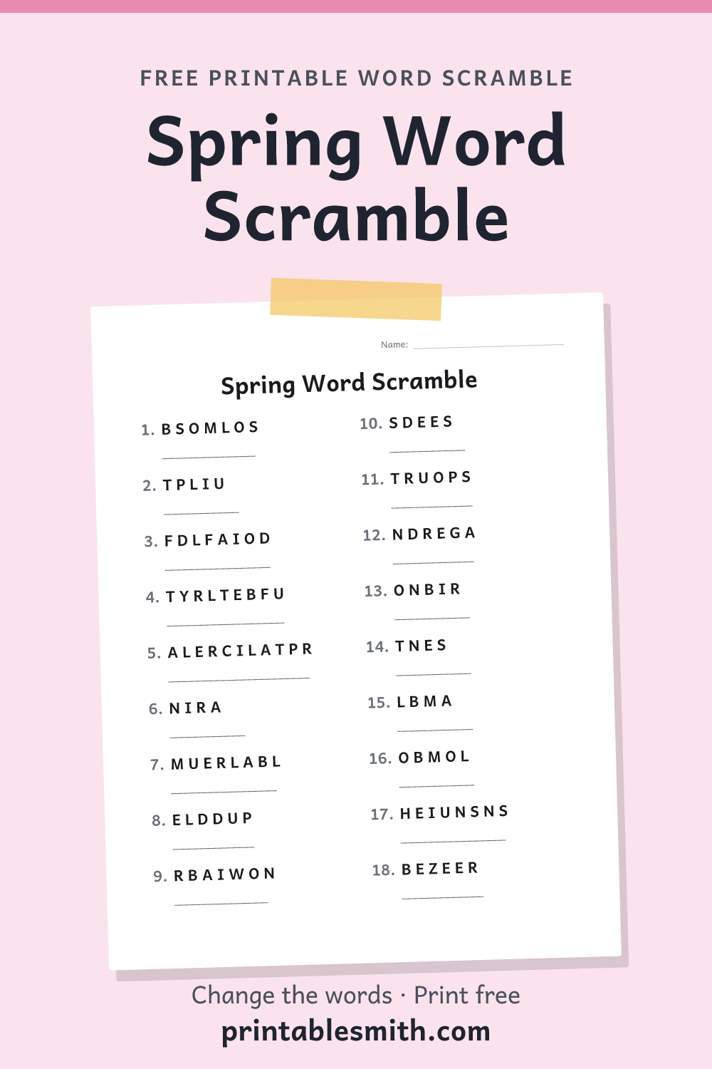 Spring Word Scramble: printable worksheet with 18 scrambled words to solve, from a free word scramble maker