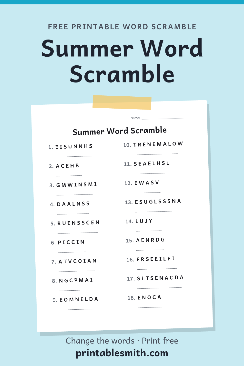 Summer Word Scramble: printable worksheet with 18 scrambled words to solve, from a free word scramble maker