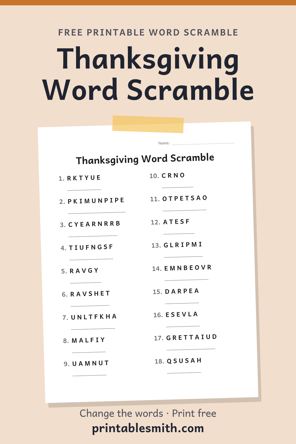 Thanksgiving Word Scramble: printable worksheet with 18 scrambled words to solve, from a free word scramble maker