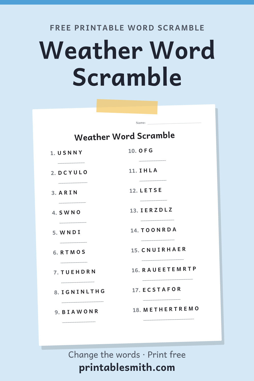 Weather Word Scramble: printable worksheet with 18 scrambled words to solve, from a free word scramble maker