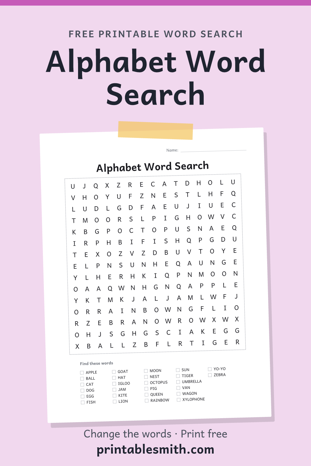 Alphabet Word Search: printable puzzle with 26 words to find, from a free word search maker
