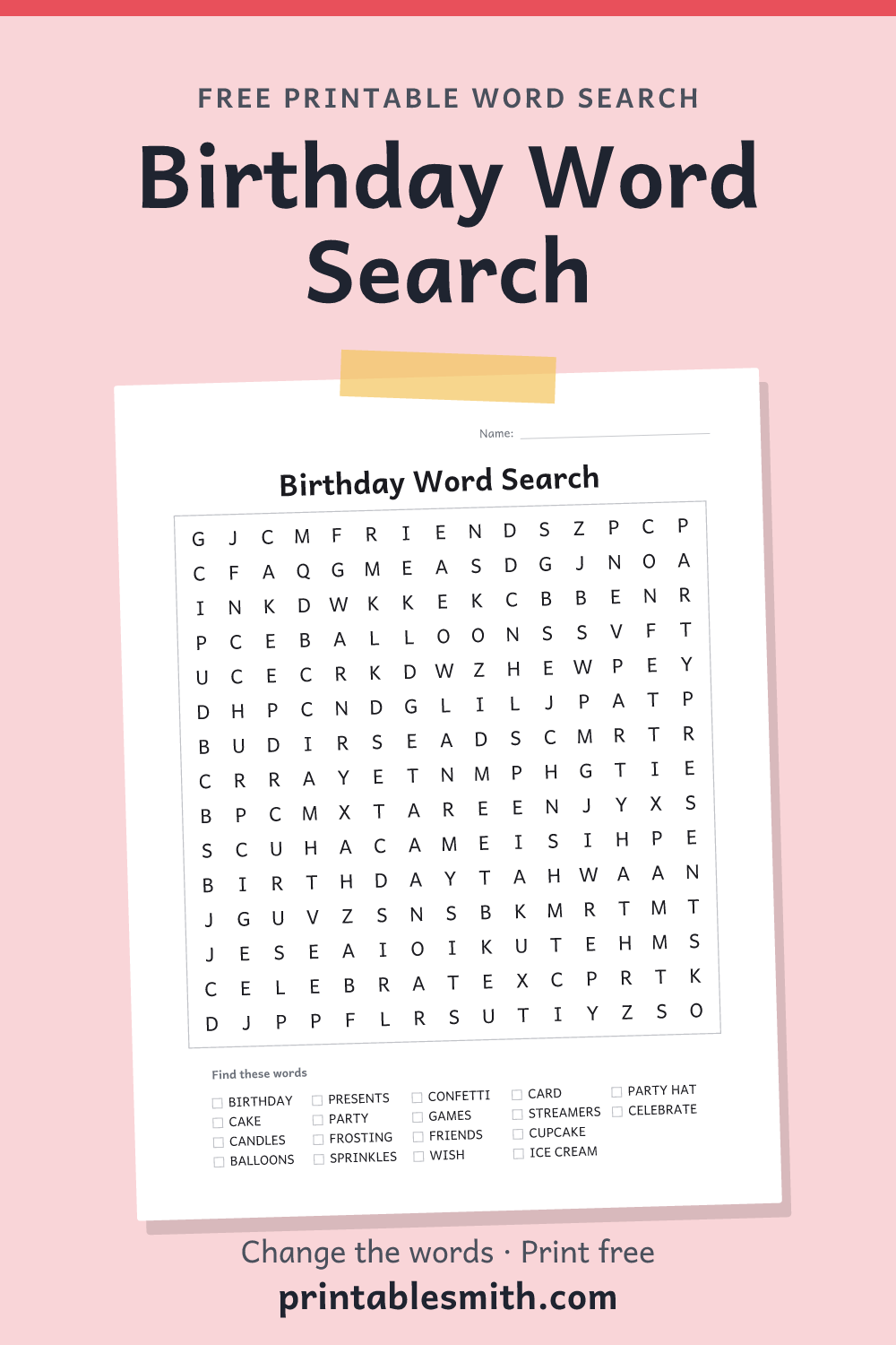 Birthday Word Search: printable puzzle with 18 words to find, from a free word search maker
