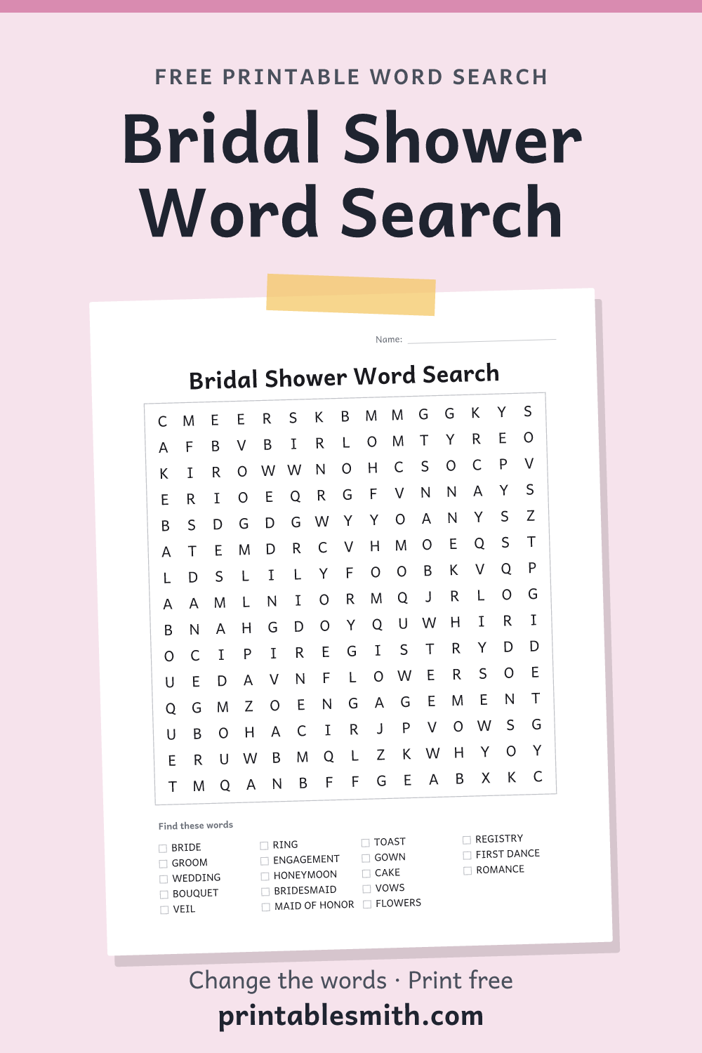 Bridal Shower Word Search: printable puzzle with 18 words to find, from a free word search maker