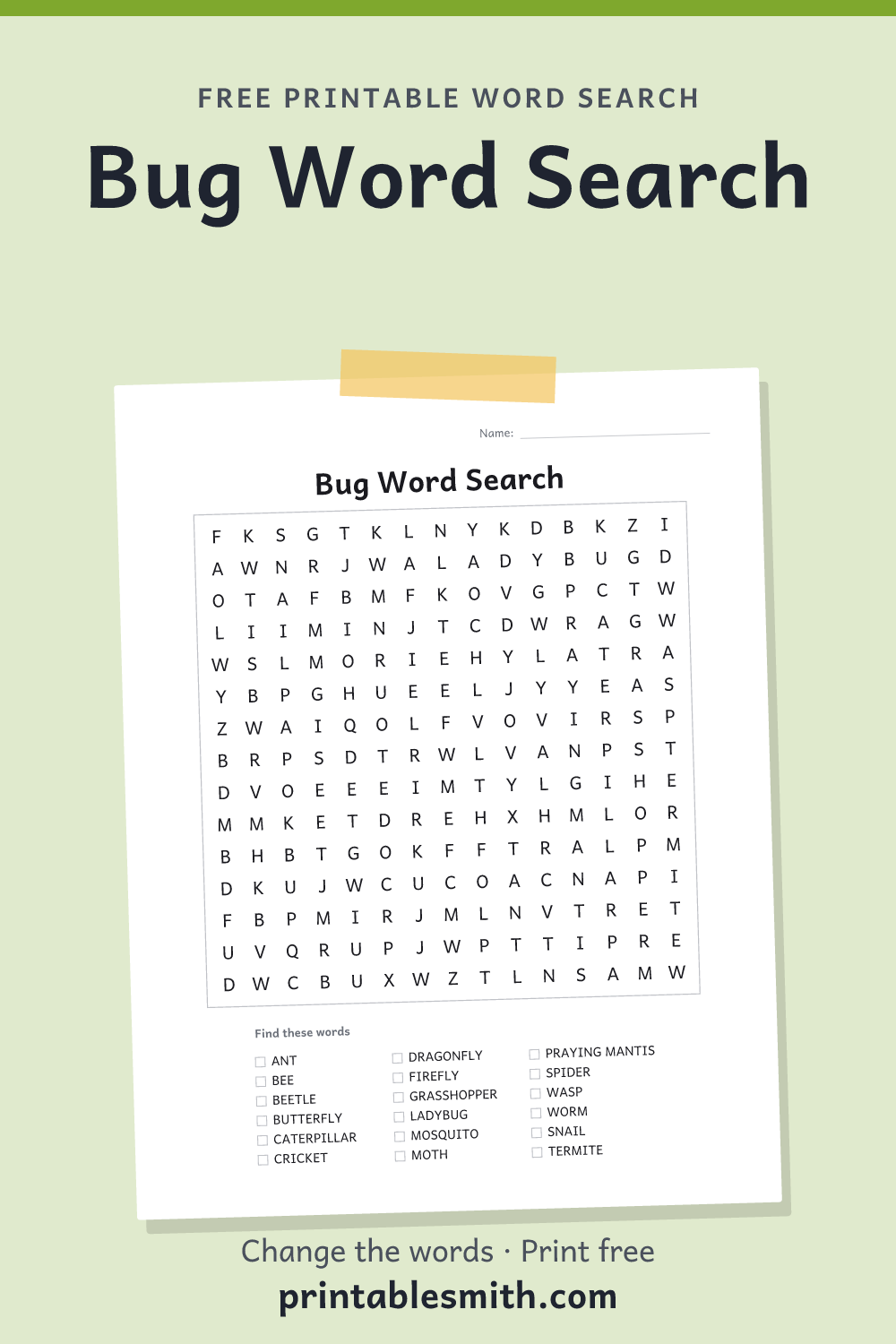 Bug Word Search: printable puzzle with 18 words to find, from a free word search maker