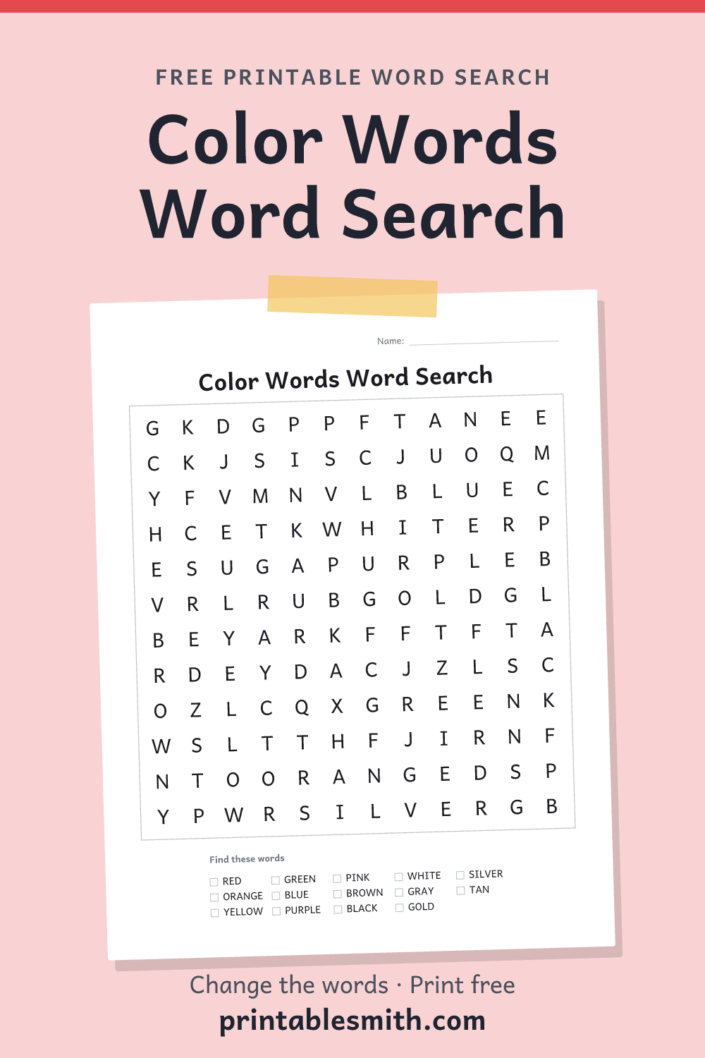 Color Words Word Search: printable puzzle with 14 words to find, from a free word search maker