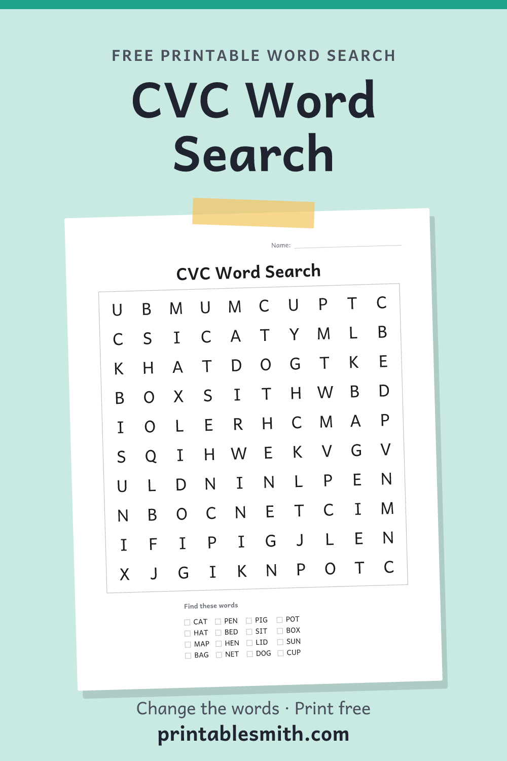 CVC Word Search: printable puzzle with 16 words to find, from a free word search maker