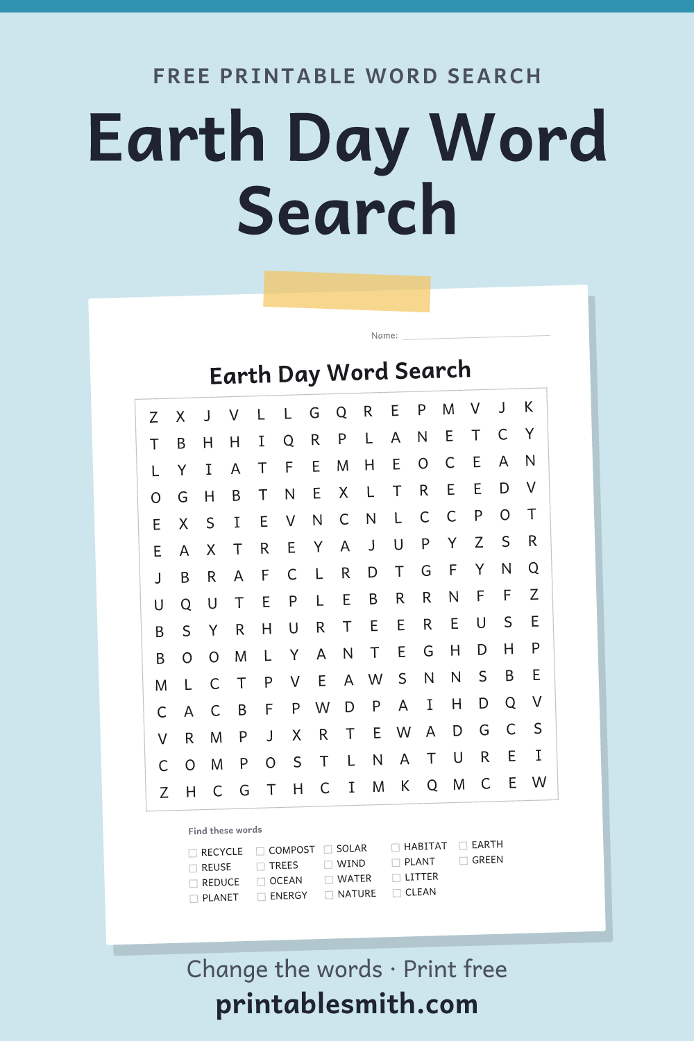 Earth Day Word Search: printable puzzle with 18 words to find, from a free word search maker