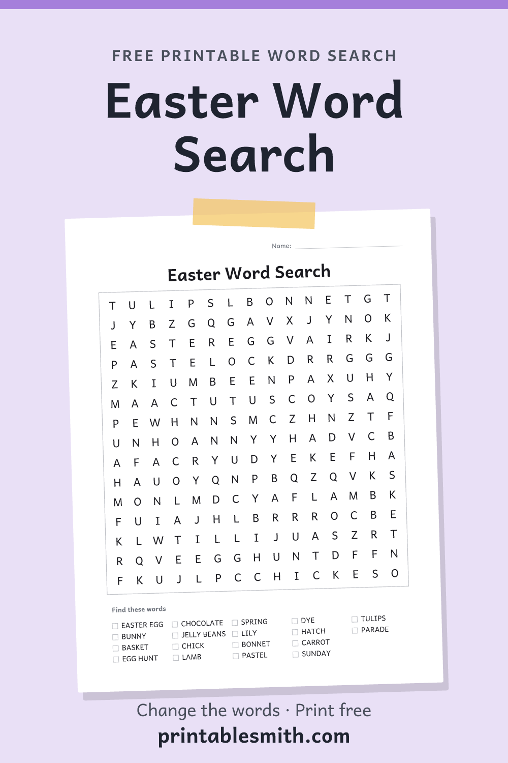 Easter Word Search: printable puzzle with 18 words to find, from a free word search maker