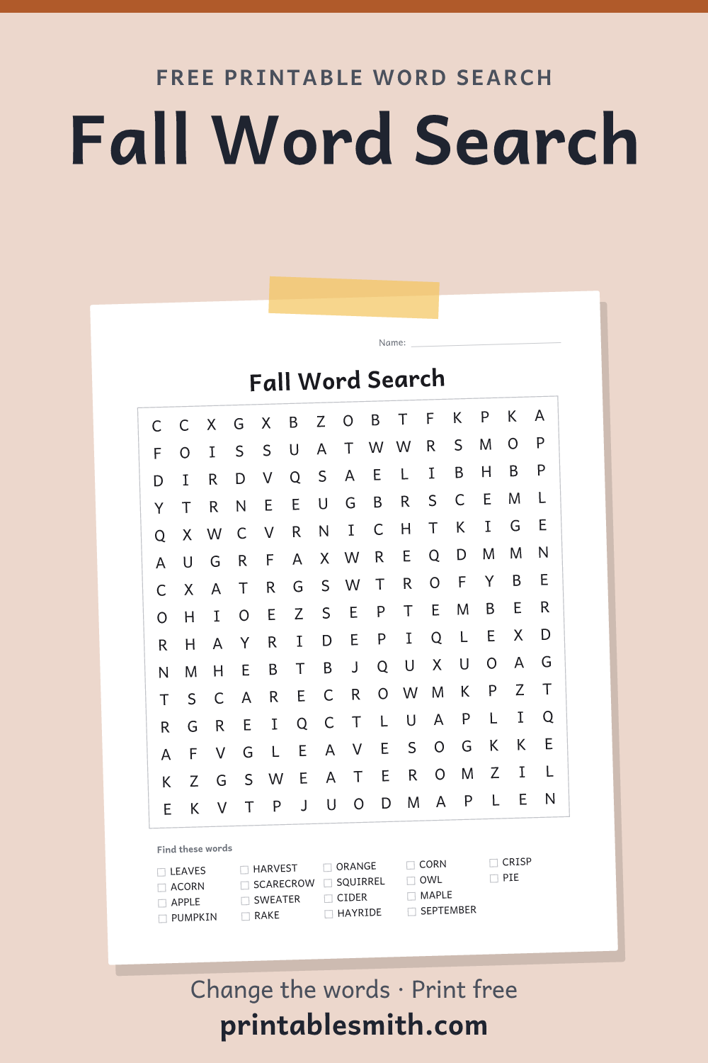 Fall Word Search: printable puzzle with 18 words to find, from a free word search maker