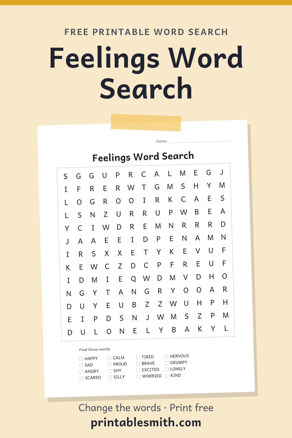 Feelings Word Search: printable puzzle with 16 words to find, from a free word search maker