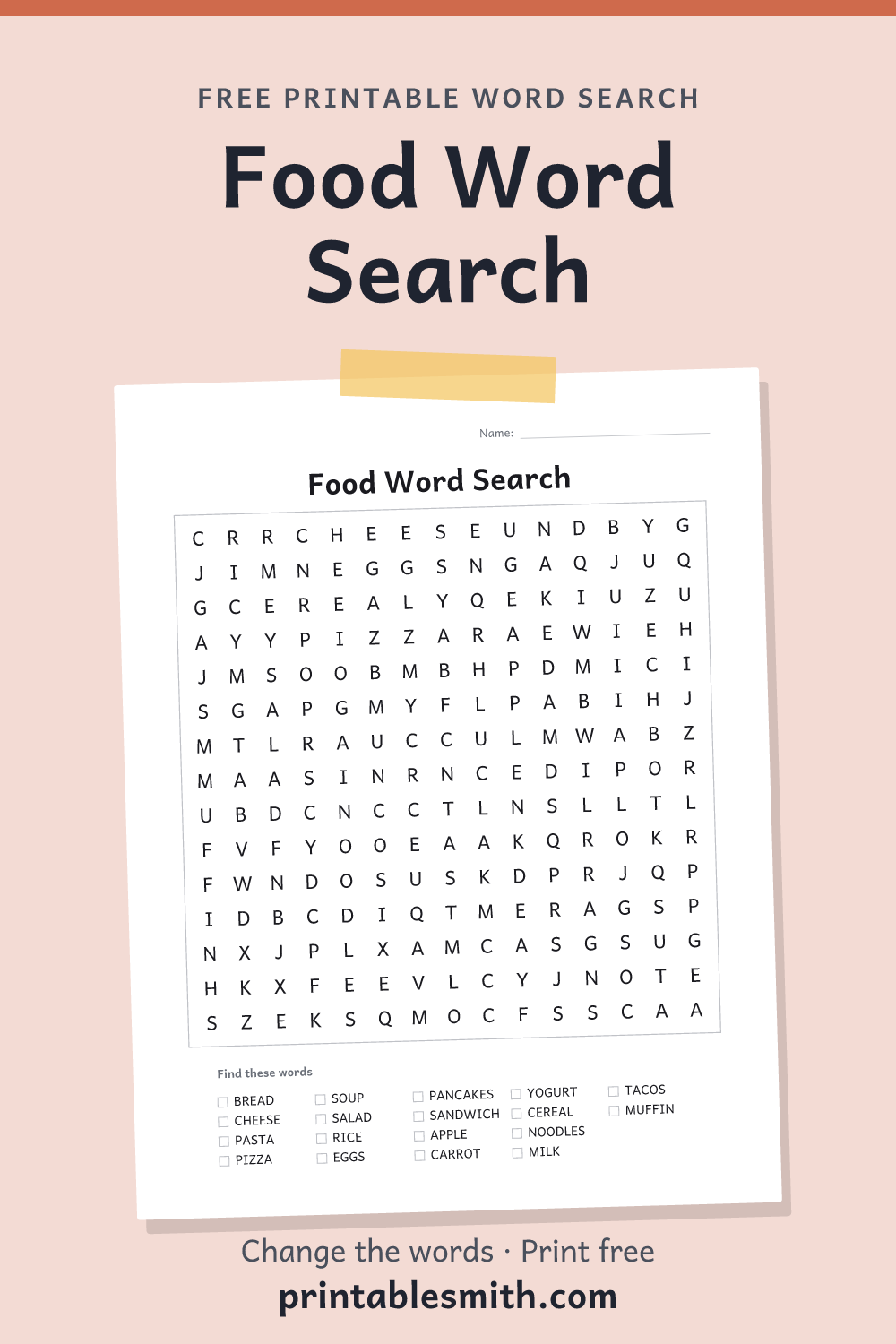 Food Word Search: printable puzzle with 18 words to find, from a free word search maker