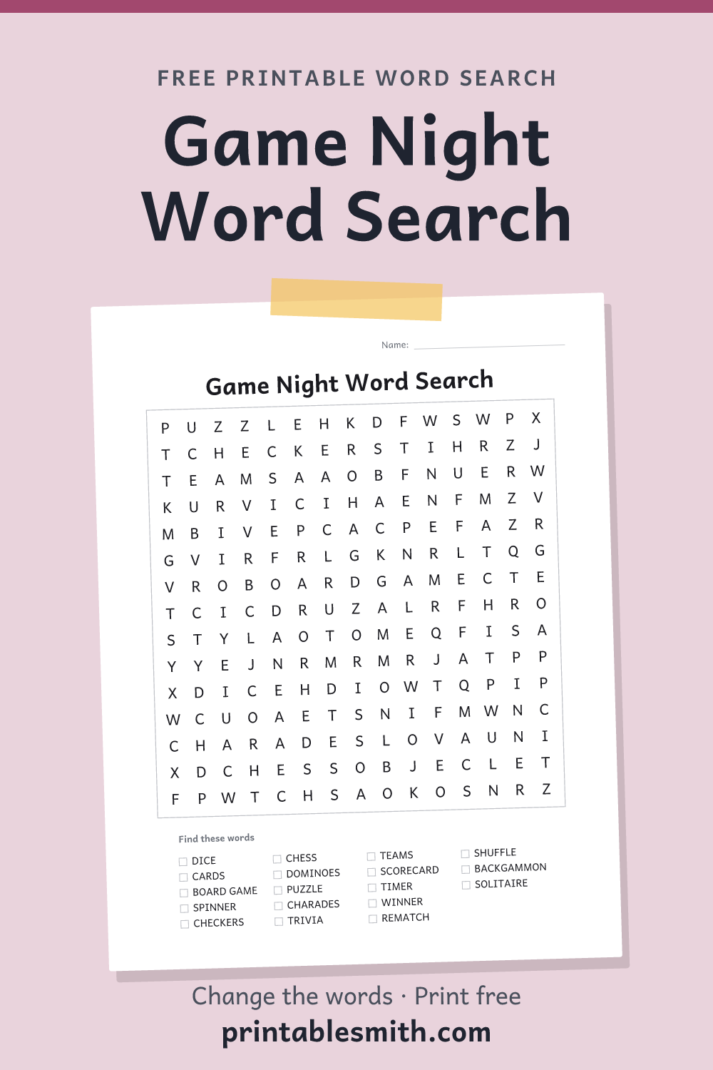 Game Night Word Search: printable puzzle with 18 words to find, from a free word search maker