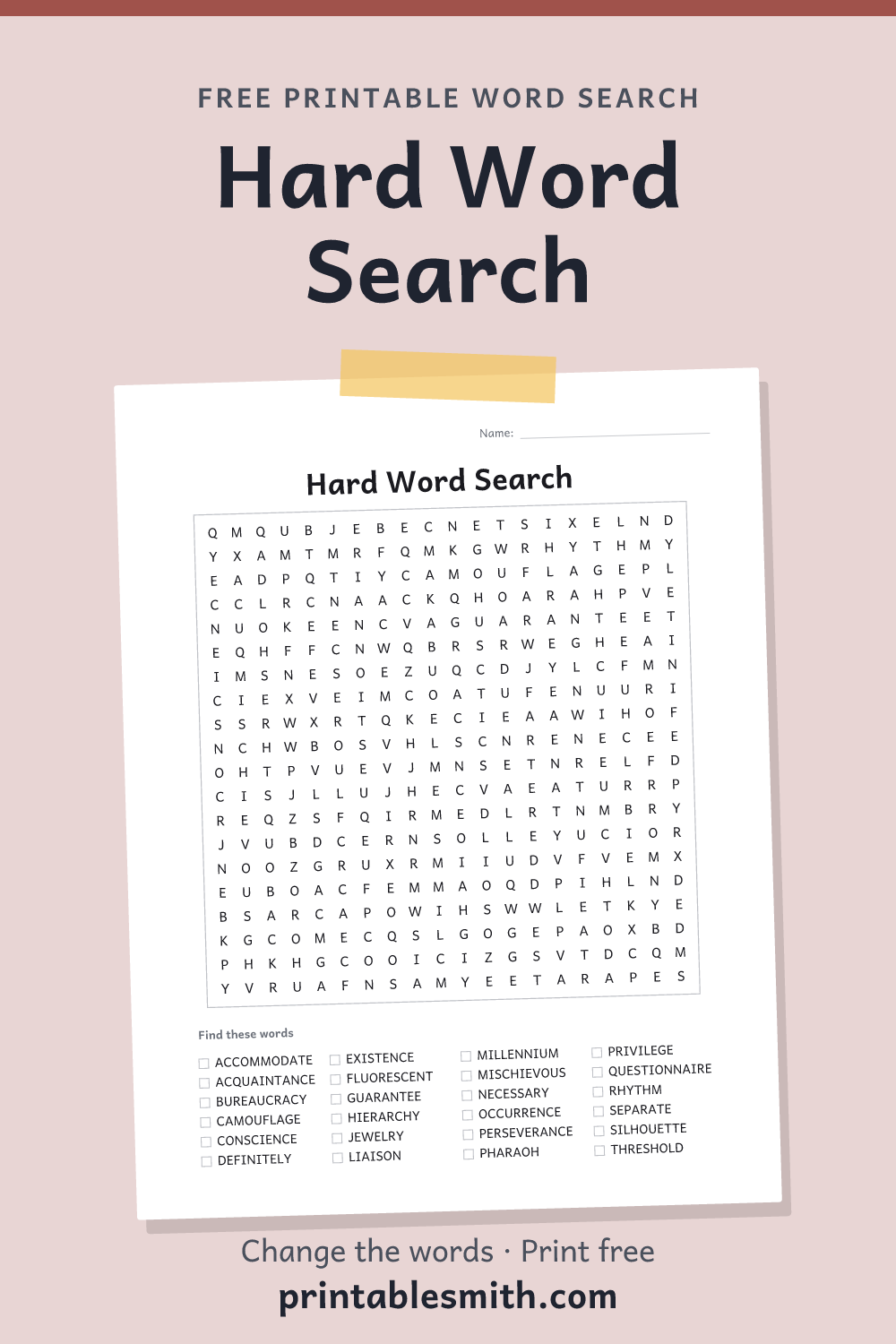 Hard Word Search: printable puzzle with 24 words to find, from a free word search maker