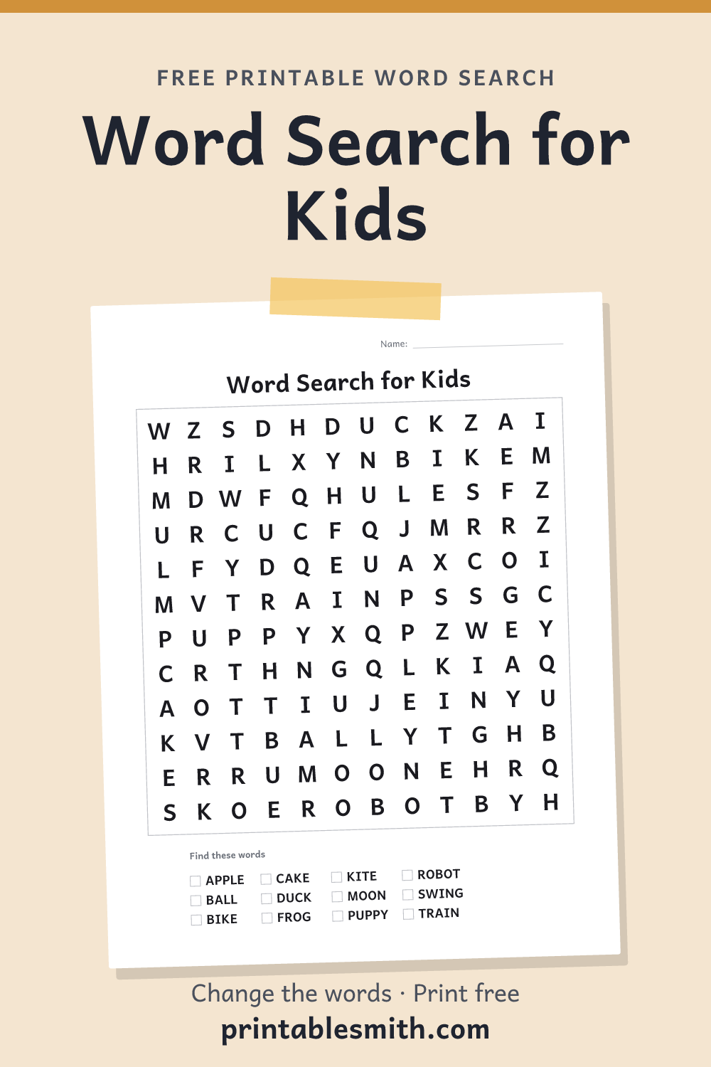 Word Search for Kids: printable puzzle with 12 words to find, from a free word search maker