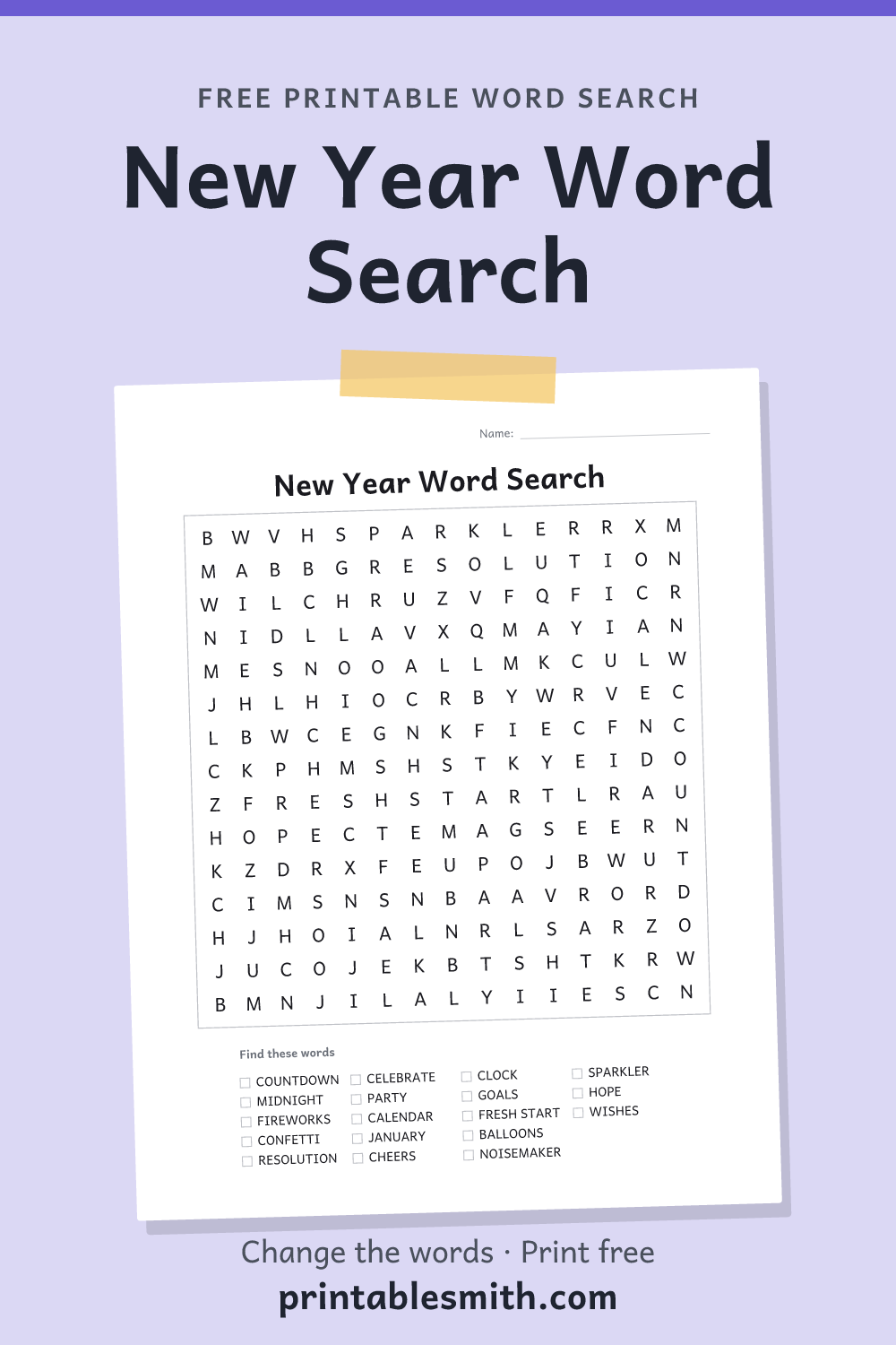 New Year Word Search: printable puzzle with 18 words to find, from a free word search maker