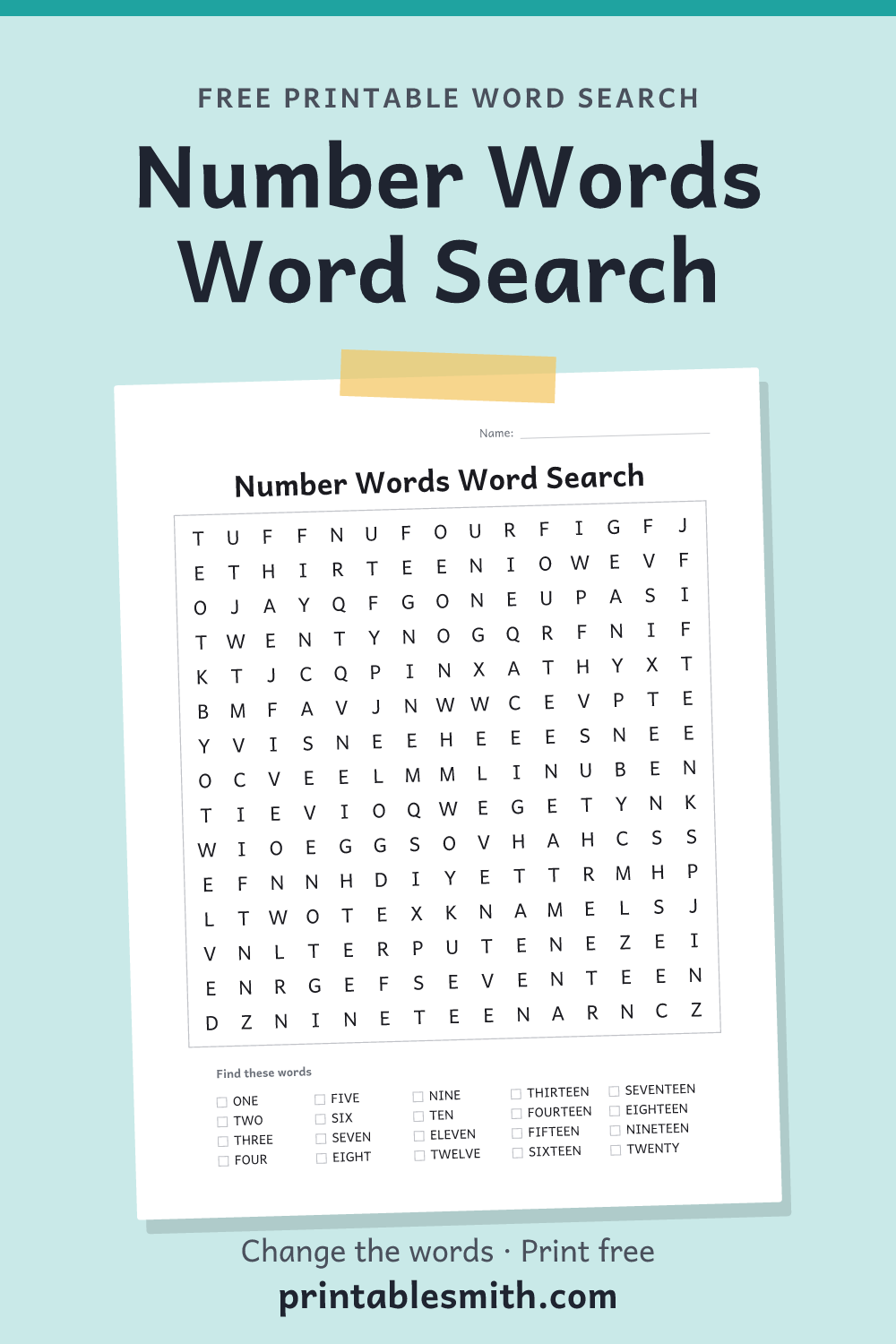 Number Words Word Search: printable puzzle with 20 words to find, from a free word search maker