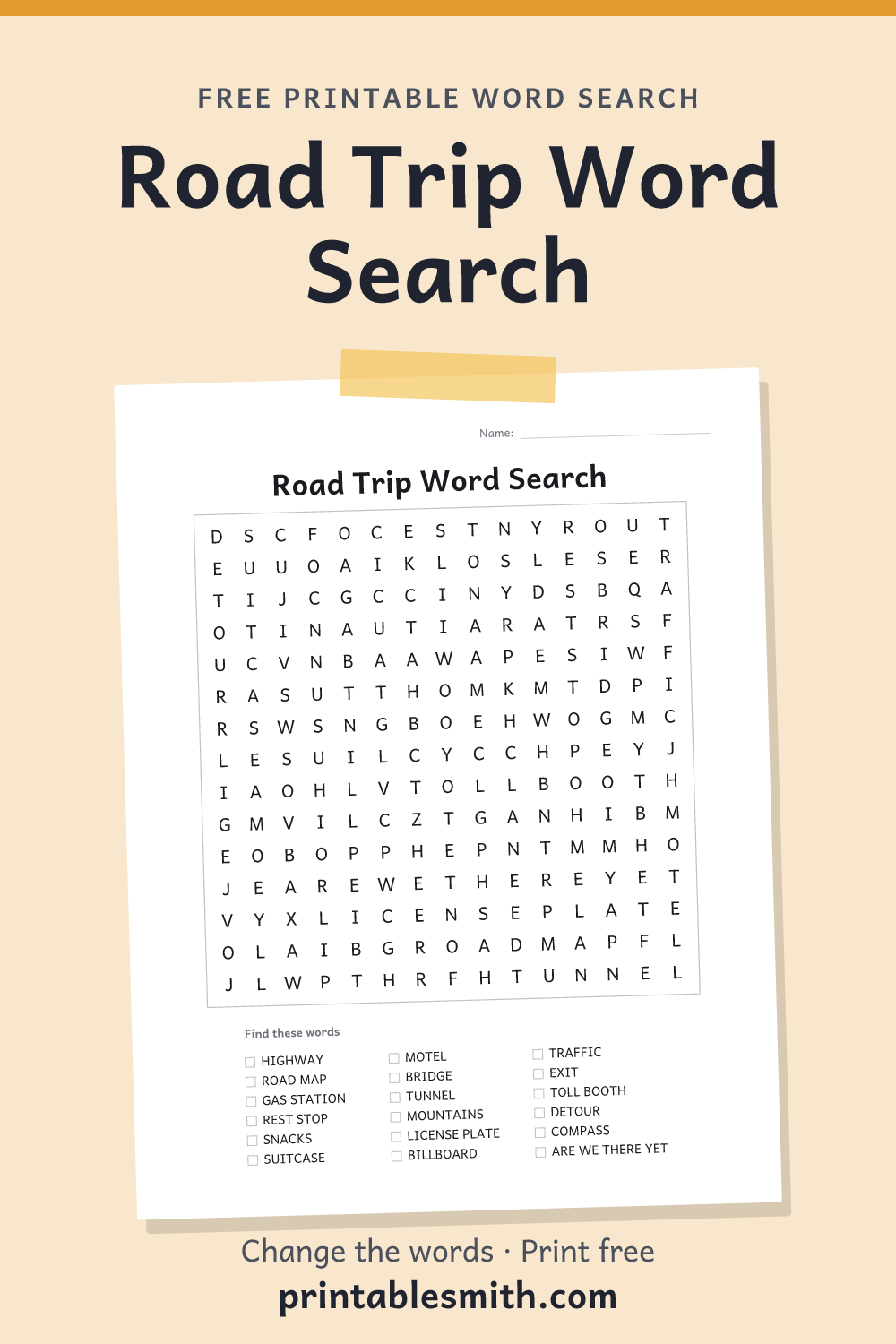 Road Trip Word Search: printable puzzle with 18 words to find, from a free word search maker