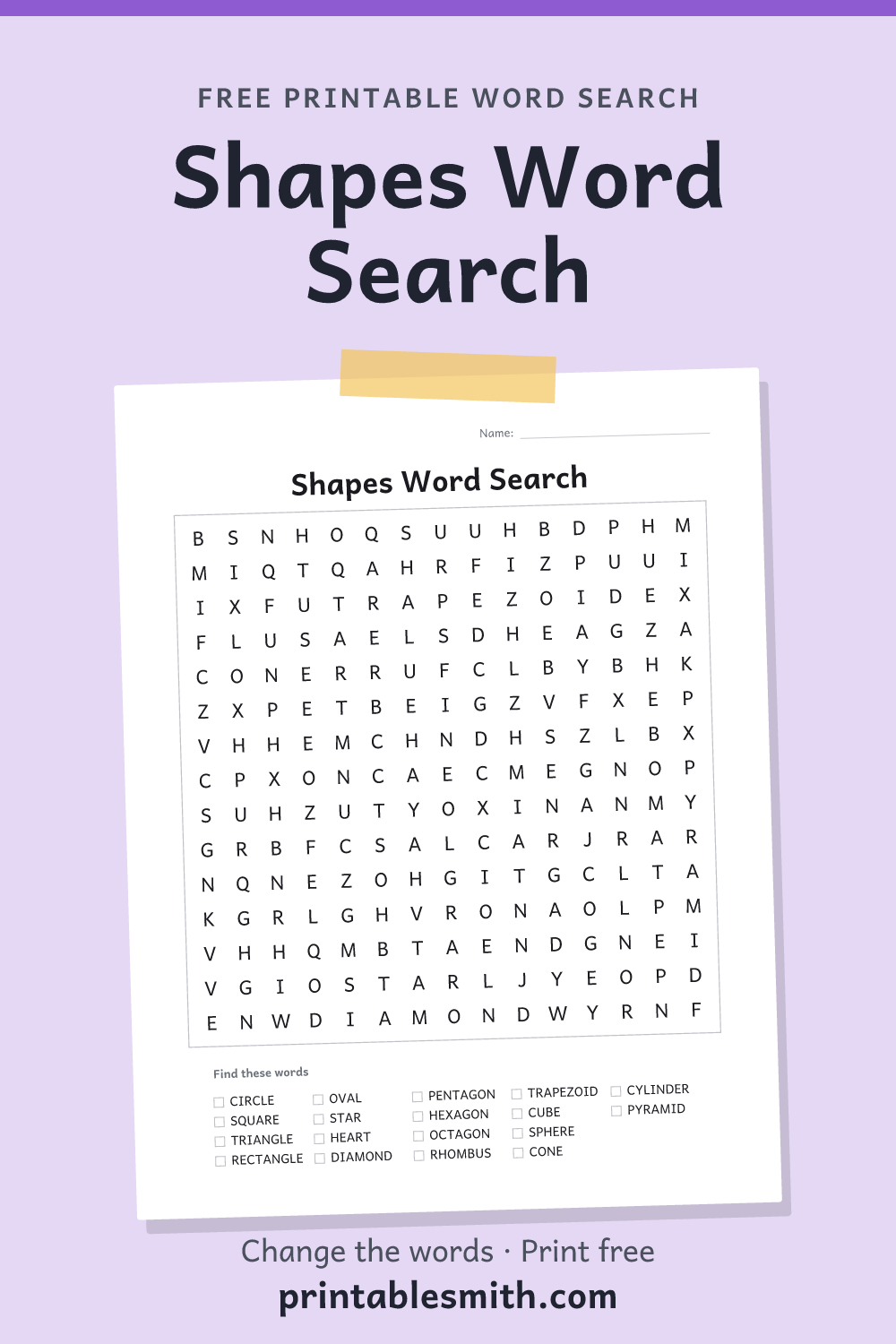 Shapes Word Search: printable puzzle with 18 words to find, from a free word search maker